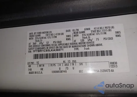 2020 Ford Transit-250 T-250 z USA, uszkodzony, nr VIN 1FTBR1C85LKA36071